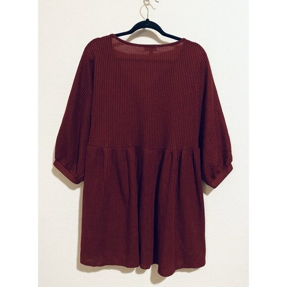 Umgee Dress Womens Large Burgundy Waffle Knit 3/4 Puffy Sleeve Pockets Oversized - Picture 4 of 6
